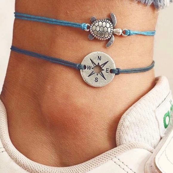 Ocean Dreams Jewelry - 2-piece turtle & compass anklet set